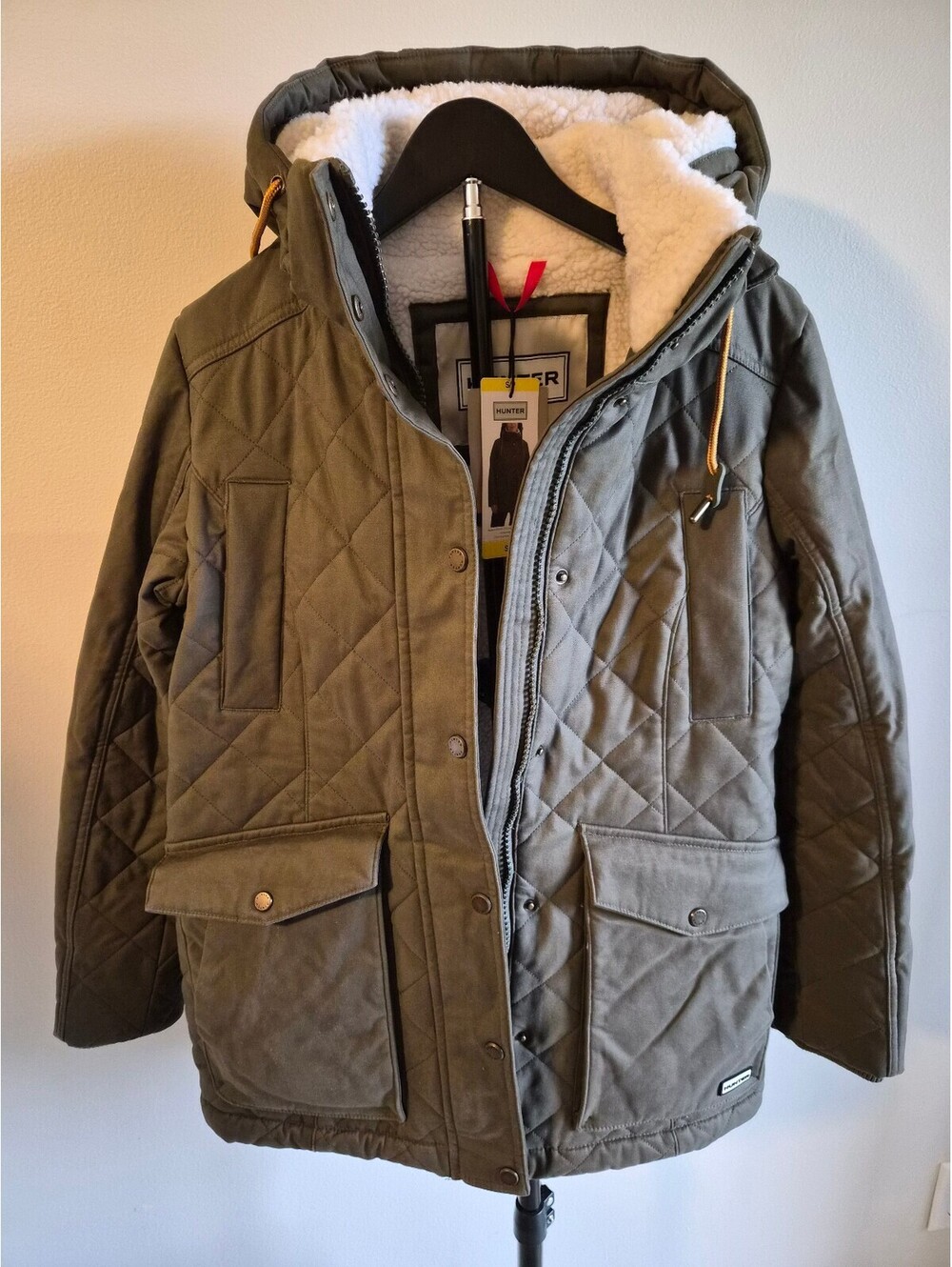 Hunter Women's Quilted Olive Green Hooded Parka Jacket Size S 0229